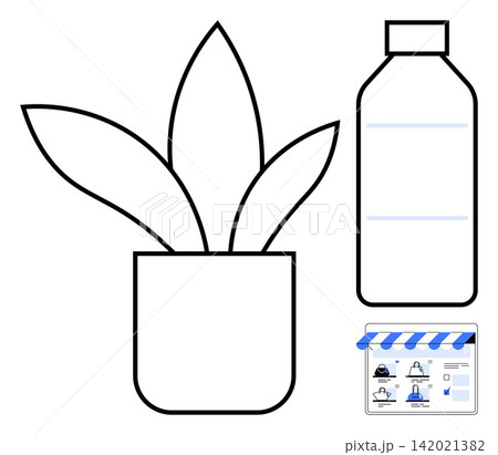 Sustainability, plastic usage, e-commerce, eco-friendly products, online shopping, digital marketplace. Potted plant, bottle and storefront icons featured. Sustainability and plastic usage Sustainability, plastic usage, e-commerce, eco-friendly products, online shopping, digital marketplace. Potted plant, bottle and storefront icons featured. Sustainability and plastic usage 142021382