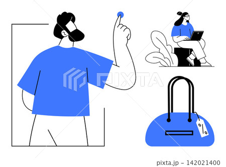 E-commerce, productivity, online communication, remote work, technology, creativity. A man holding a coin, a woman with a laptop and a handbag with a tag. E-commerce and productivity explored E-commerce, productivity, online communication, remote work, technology, creativity. A man holding a coin, a woman with a laptop and a handbag with a tag. E-commerce and productivity explored 142021400