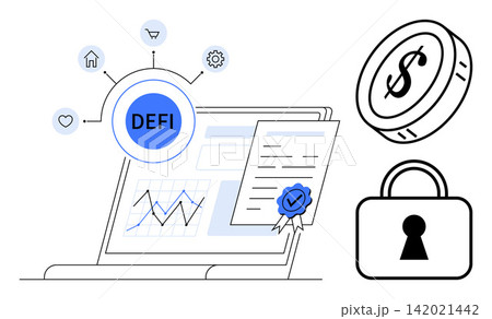 Decentralized finance, cryptocurrency, fintech innovation, blockchain security, smart contracts, online trading. Laptop with a financial chart, certificate coin and lock symbol. DeFi Decentralized finance, cryptocurrency, fintech innovation, blockchain security, smart contracts, online trading. Laptop with a financial chart, certificate coin and lock symbol. DeFi 142021442