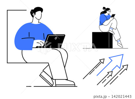 Remote work, digital communication, productivity, teamwork, technology, business growth. Illustration of a person on a laptop, another with a smartphone and rising arrows. Remote work Remote work, digital communication, productivity, teamwork, technology, business growth. Illustration of a person on a laptop, another with a smartphone and rising arrows. Remote work 142021443