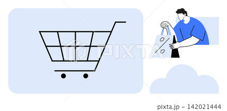 E-commerce, online shopping, retail, digital marketplace, consumer behavior, and delivery services. Shopping cart icon and a person with shopping bags. E-commerce and online shopping concepts 142021444