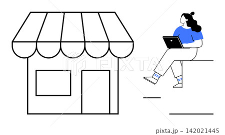E-commerce, small business, remote work, digital marketing, online shopping, entrepreneurship. A storefront and a woman with a laptop. E-commerce and small business conceptual E-commerce, small business, remote work, digital marketing, online shopping, entrepreneurship. A storefront and a woman with a laptop. E-commerce and small business conceptual 142021445