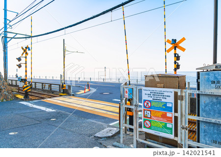 夏の朝の湘南海岸 鎌倉高校前駅踏切 夏の朝の湘南海岸 鎌倉高校前駅踏切 142021541