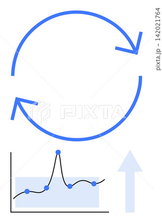 Business growth, analytics tools, data visualization, process management, progress tracking, financial success. Circular arrows above a graph with an upward trend arrow. Growth and analytics 142021764
