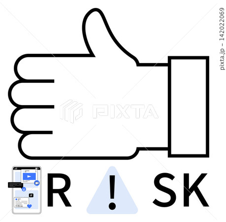 Digital safety, online trust, social media risks, cybersecurity, misinformation prevention, data protection. A thumbs-up icon with a warning triangle and smartphone. Digital safety and online trust 142022069