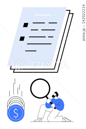 Financial services, auditing, accounting, fraud detection, data analysis, investment planning. A person analyzing documents under a magnifying glass with falling coins. Financial services Financial services, auditing, accounting, fraud detection, data analysis, investment planning. A person analyzing documents under a magnifying glass with falling coins. Financial services 142022214