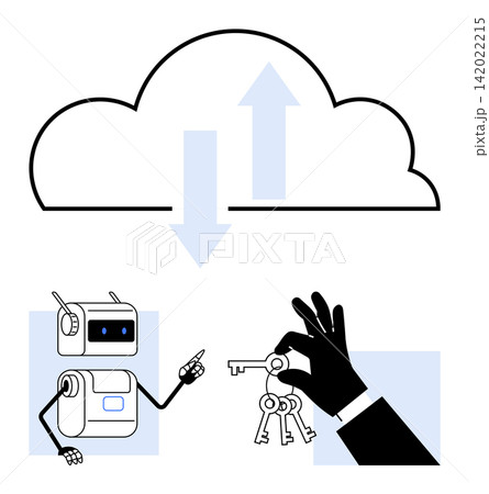 Cloud technology, data protection, cybersecurity, artificial intelligence, key management, secure access. Robot pointing at keys and hand holding keys with cloud above. Cybersecurity and cloud 142022215
