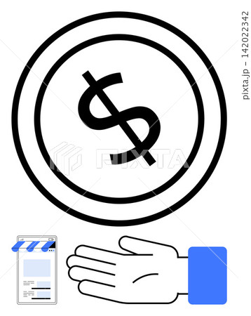 Online payments, e-commerce, digital currency, financial transactions, business operations, cashless economy. Hand presenting a dollar symbol with a storefront and transaction visual. E-commerce Online payments, e-commerce, digital currency, financial transactions, business operations, cashless economy. Hand presenting a dollar symbol with a storefront and transaction visual. E-commerce 142022342