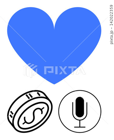 Love, finance, charity, digital media, communication, creativity. Blue heart shape above a coin icon and a microphone symbol. Love and finance concept in digital communication Love, finance, charity, digital media, communication, creativity. Blue heart shape above a coin icon and a microphone symbol. Love and finance concept in digital communication 142022359