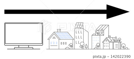 Renewable energy, technology integration, smart cities, sustainability, green energy, environmental innovation. Solar-panel homes, monitor arrow. Renewable energy and technology integration focus 142022390