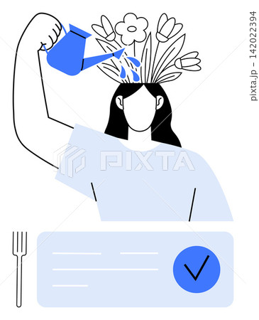 Personal development, self-care practices, mental health awareness, nurturing habits, mindfulness, emotional growth. A woman waters flowers growing from her head. Personal development and self-care Personal development, self-care practices, mental health awareness, nurturing habits, mindfulness, emotional growth. A woman waters flowers growing from her head. Personal development and self-care 142022394