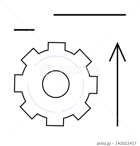 Business strategy, development, innovation, teamwork, progress, growth. Black outlined gear with an upward arrow and horizontal lines. Growth and progress conceptualized 142022417