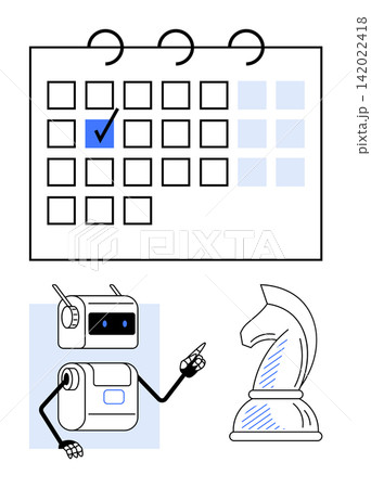 Artificial intelligence, strategic planning, decision making, task management, time optimization, competition. Robot pointing at chess knight near a calendar. Strategic planning and decision making Artificial intelligence, strategic planning, decision making, task management, time optimization, competition. Robot pointing at chess knight near a calendar. Strategic planning and decision making 142022418