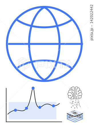 Data analytics, artificial intelligence, global connectivity, machine learning, technology trends, innovation. Globe symbol with a graph and brain over a tech layer. Data analytics and AI concept Data analytics, artificial intelligence, global connectivity, machine learning, technology trends, innovation. Globe symbol with a graph and brain over a tech layer. Data analytics and AI concept 142022442