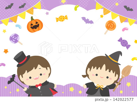 ハロウィンの子供やお菓子の背景、紫色 142022577