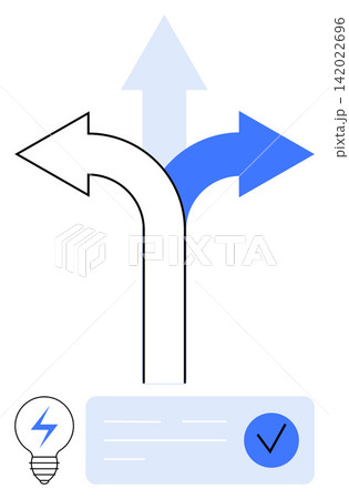Business strategy, decision-making, navigation, problem-solving, process guidance, innovation. Three arrows diverging in different directions with a light bulb icon. Decision-making and innovation Business strategy, decision-making, navigation, problem-solving, process guidance, innovation. Three arrows diverging in different directions with a light bulb icon. Decision-making and innovation 142022696