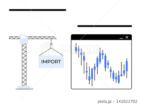 Global trade, importing, financial markets, stock analysis, business logistics, data visualization. Crane hoisting an import container and a stock market chart. Global trade and financial markets Global trade, importing, financial markets, stock analysis, business logistics, data visualization. Crane hoisting an import container and a stock market chart. Global trade and financial markets 142022702
