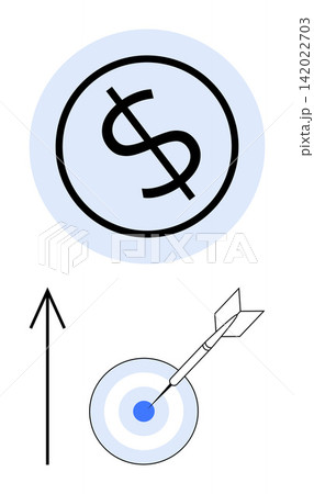 Business growth, financial success, investment strategy, goal achievement, economic progress, market trends. Dollar symbol, arrow and dart in target. Financial success and business growth concept 142022703