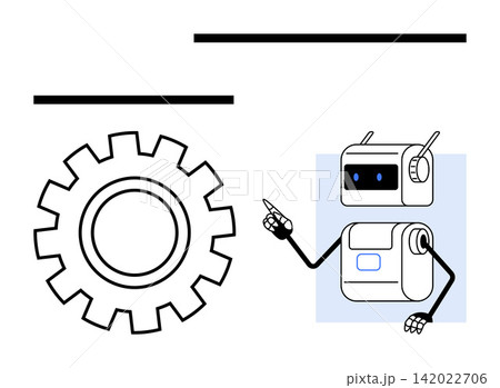 Artificial intelligence, automation, education, digital learning, robotics, innovation. A robot points towards a gear icon. Artificial intelligence and automation through robot and gear elements Artificial intelligence, automation, education, digital learning, robotics, innovation. A robot points towards a gear icon. Artificial intelligence and automation through robot and gear elements 142022706