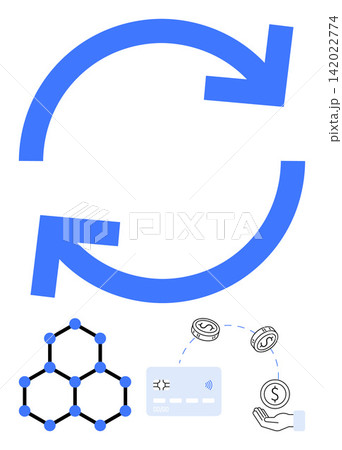 Blockchain technology, financial exchanges, secure payments, digital economy, fintech, transaction process. Arrows data exchange with blockchain, cash flow and contactless card. Blockchain Blockchain technology, financial exchanges, secure payments, digital economy, fintech, transaction process. Arrows data exchange with blockchain, cash flow and contactless card. Blockchain 142022774