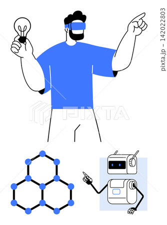 Innovation, virtual reality, robotics, artificial intelligence, technology, molecular structure. Human figure with VR headset and bulb, molecule design and robot. VR and robotics concept 142022803