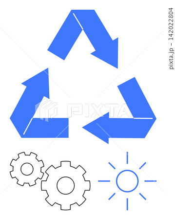Sustainability, renewable energy, recycling, eco-consciousness, green technology, environmental awareness. Blue recycling symbol with gear icons and sun illustration. Sustainability and renewable Sustainability, renewable energy, recycling, eco-consciousness, green technology, environmental awareness. Blue recycling symbol with gear icons and sun illustration. Sustainability and renewable 142022804