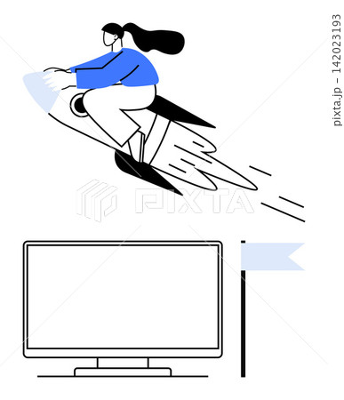 Startup success, online innovation, goal achievement, technology progress, career growth, futuristic ideas. Woman on a rocket above a monitor and flag. Startup success and technological innovation Startup success, online innovation, goal achievement, technology progress, career growth, futuristic ideas. Woman on a rocket above a monitor and flag. Startup success and technological innovation 142023193