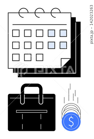 Financial planning, business strategies, time management, income tracking, cost analysis, budget organization. Calendar, briefcase and coins. Financial planning and business strategies concept 142023263