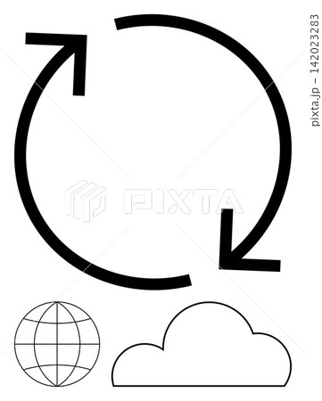 Data management, cloud storage, global connectivity, information transfer, synchronization, and network communication. Arrows forming a loop, a globe and a cloud shape. Data management and cloud Data management, cloud storage, global connectivity, information transfer, synchronization, and network communication. Arrows forming a loop, a globe and a cloud shape. Data management and cloud 142023283