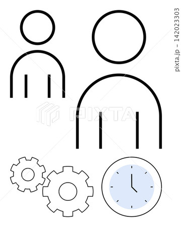 Time management, workplace productivity, human resources, teamwork, efficiency, organization. Minimalist human figure symbols, gears and a clock. Time management and workplace productivity concept 142023303