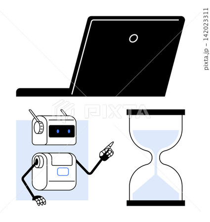 Artificial intelligence, time management, future technology, robotics applications, digital transformation, process automation. A robot points to an hourglass, with a laptop above. AI innovation 142023311