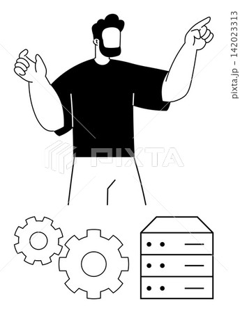Data management, system setup, technology innovation, IT processes, software development, technical support. Man gesturing with gear and server icons. Data management and system setup concepts Data management, system setup, technology innovation, IT processes, software development, technical support. Man gesturing with gear and server icons. Data management and system setup concepts 142023313