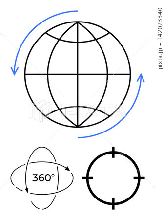 Global connectivity, earth exploration, virtual reality, target identification, navigation tools, worldwide coverage. Icons of a globe, 360-degree arrows and a targeting symbol. Global connectivity 142023340