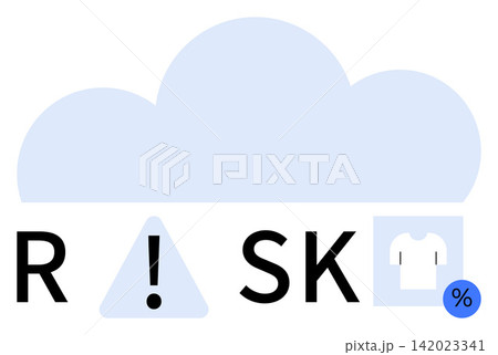 Risk management, cybersecurity, data protection, retail industry, cloud technology, online threats. Large cloud with warning symbol replacing the letter I in Risk. Risk management and cybersecurity Risk management, cybersecurity, data protection, retail industry, cloud technology, online threats. Large cloud with warning symbol replacing the letter I in Risk. Risk management and cybersecurity 142023341
