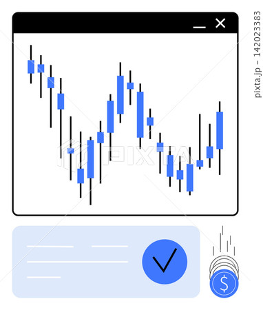 Investor tools, financial success, trading platforms, stock market trends, approval icons, blue candlestick chart. Graphical candlestick trends with check mark and financial icons. Stock market Investor tools, financial success, trading platforms, stock market trends, approval icons, blue candlestick chart. Graphical candlestick trends with check mark and financial icons. Stock market 142023383