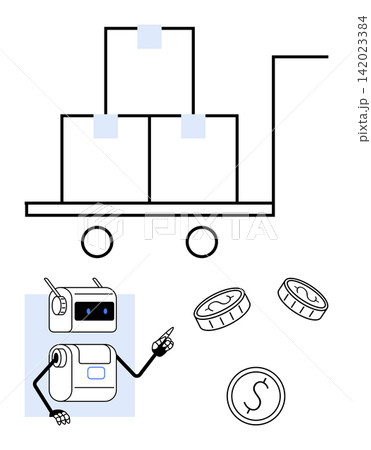 Automation, logistics, e-commerce, financial technology, robotic assistance, supply chain. A robot gestures toward coins and packages on a trolley. Automation and logistics concept Automation, logistics, e-commerce, financial technology, robotic assistance, supply chain. A robot gestures toward coins and packages on a trolley. Automation and logistics concept 142023384