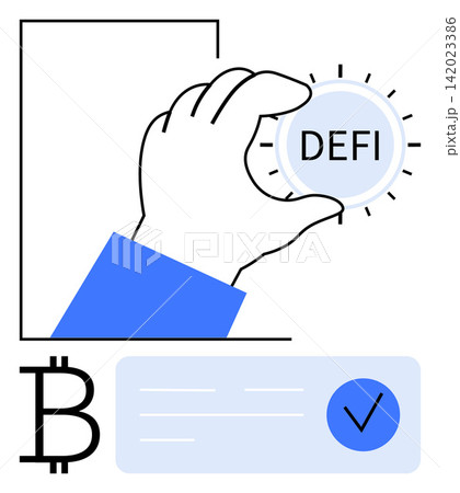 Financial technology, cryptocurrency, blockchain innovation, digital wallets, decentralized markets, online transactions. Scene features a hand holding DeFi token and Bitcoin icon. Financial 142023386