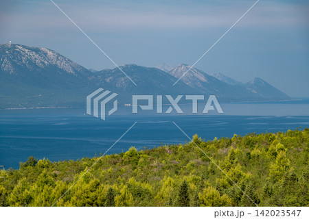 A serene and expansive landscape featuring calm blue water dominated by snow-capped mountains in the background A serene and expansive landscape featuring calm blue water dominated by snow-capped mountains in the background 142023547
