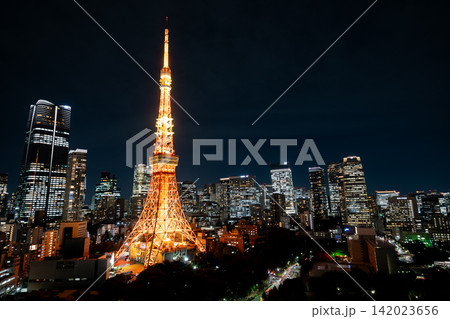 東京都　ライトアップした東京タワー・東京タワーのある街並み・夜の東京都市風景 142023656