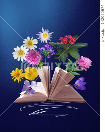 Flowers, open books over abstract background. Contemporary art collage. Concept of education, reading, knowledge Flowers, open books over abstract background. Contemporary art collage. Concept of education, reading, knowledge 142023674