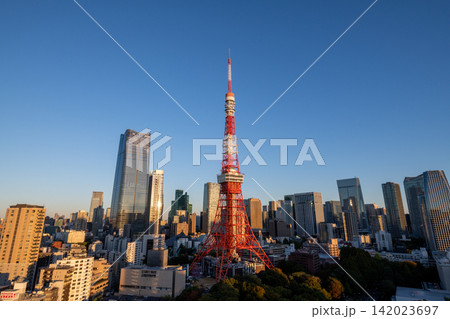 東京都 朝日に照らされる東京タワー・東京タワーのある街並み・朝焼けの東京都市風景 東京都 朝日に照らされる東京タワー・東京タワーのある街並み・朝焼けの東京都市風景 142023697