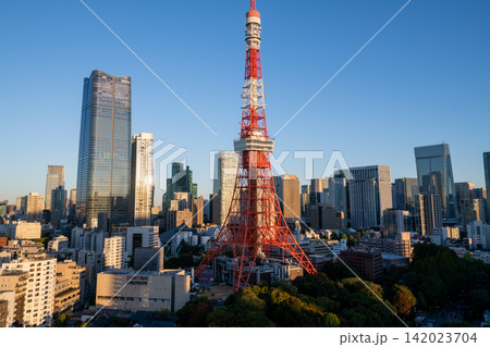 東京都 朝日に照らされる東京タワー・東京タワーのある街並み・朝焼けの東京都市風景 東京都 朝日に照らされる東京タワー・東京タワーのある街並み・朝焼けの東京都市風景 142023704