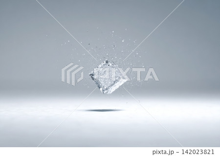 Crystal floating in zero gravity emits light in a serene atmosphere 142023821