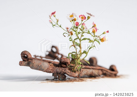 Flowers of rebirth emerging from a rusty, abandoned mechanical part in spring Flowers of rebirth emerging from a rusty, abandoned mechanical part in spring 142023825