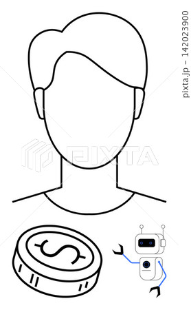 Artificial intelligence, fintech, automation, digital currency, technology integration, innovation. Minimalist outline of a human, coin and robot. AI integration and fintech concept Artificial intelligence, fintech, automation, digital currency, technology integration, innovation. Minimalist outline of a human, coin and robot. AI integration and fintech concept 142023900