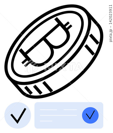 Cryptocurrency, blockchain security, financial technology, digital trade, online validation, payment processing. Bitcoin symbol on a coin with checkmarks. Cryptocurrency and blockchain security 142023911