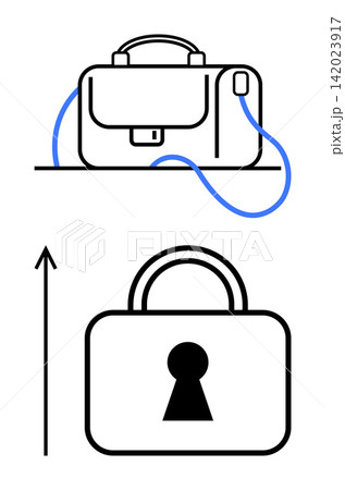 Data security, privacy, business management, secure transactions, identity protection, office tools. A briefcase and a lock with arrow. Data security and privacy concept 142023917