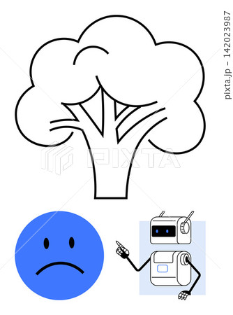 Environmental awareness, AI ethics, emotional response, conservation, technology evolution, digital interaction. A tree, blue sad face and robot highlight harmony and conflict. Environmental Environmental awareness, AI ethics, emotional response, conservation, technology evolution, digital interaction. A tree, blue sad face and robot highlight harmony and conflict. Environmental 142023987