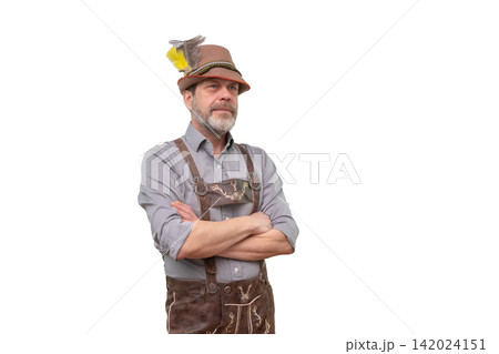 Confident middle-aged man in Bavarian outfit with crossed arms isolated Confident middle-aged man in Bavarian outfit with crossed arms isolated 142024151