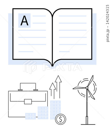Education, sustainability, finance, business growth, renewable energy, economic practices. Open book, financial diagram wind turbine . Education and sustainability visually Education, sustainability, finance, business growth, renewable energy, economic practices. Open book, financial diagram wind turbine . Education and sustainability visually 142024315